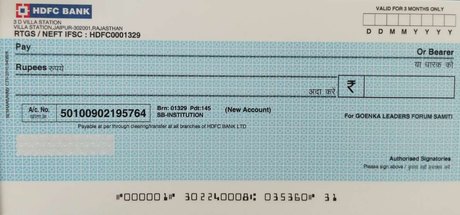 Copy of the GLF HDFC Bank cheque